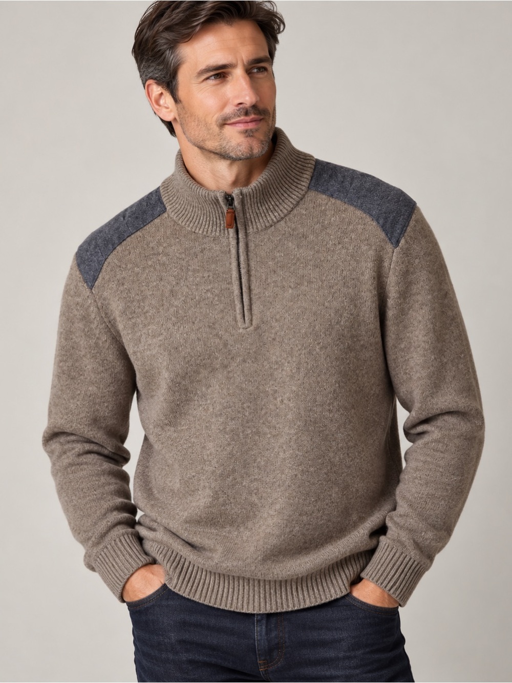 Vineyard Vines Men’s Merino Wool Sweater – Felt Shoulder Patch Detail Tan/Gray L